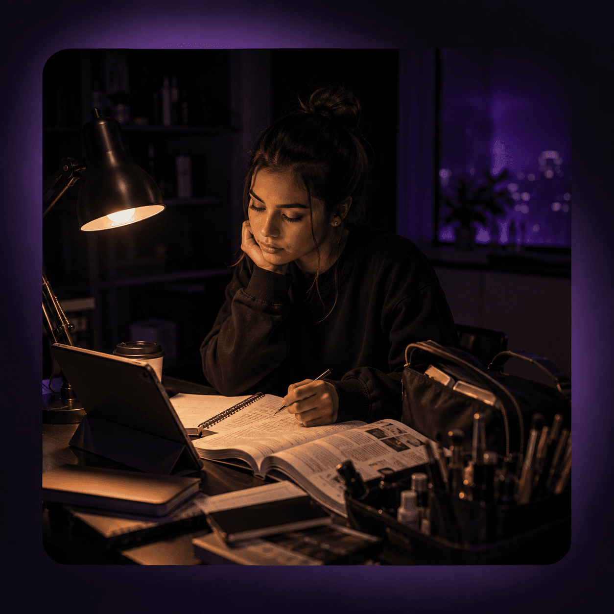 Beauty student studying at a table with an open notebook, tablet, and kit