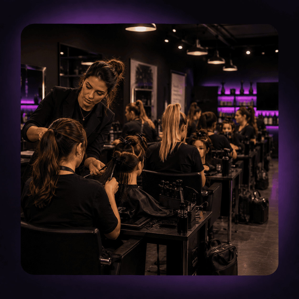 Beauty school instructor guiding a student during a hands-on classroom session