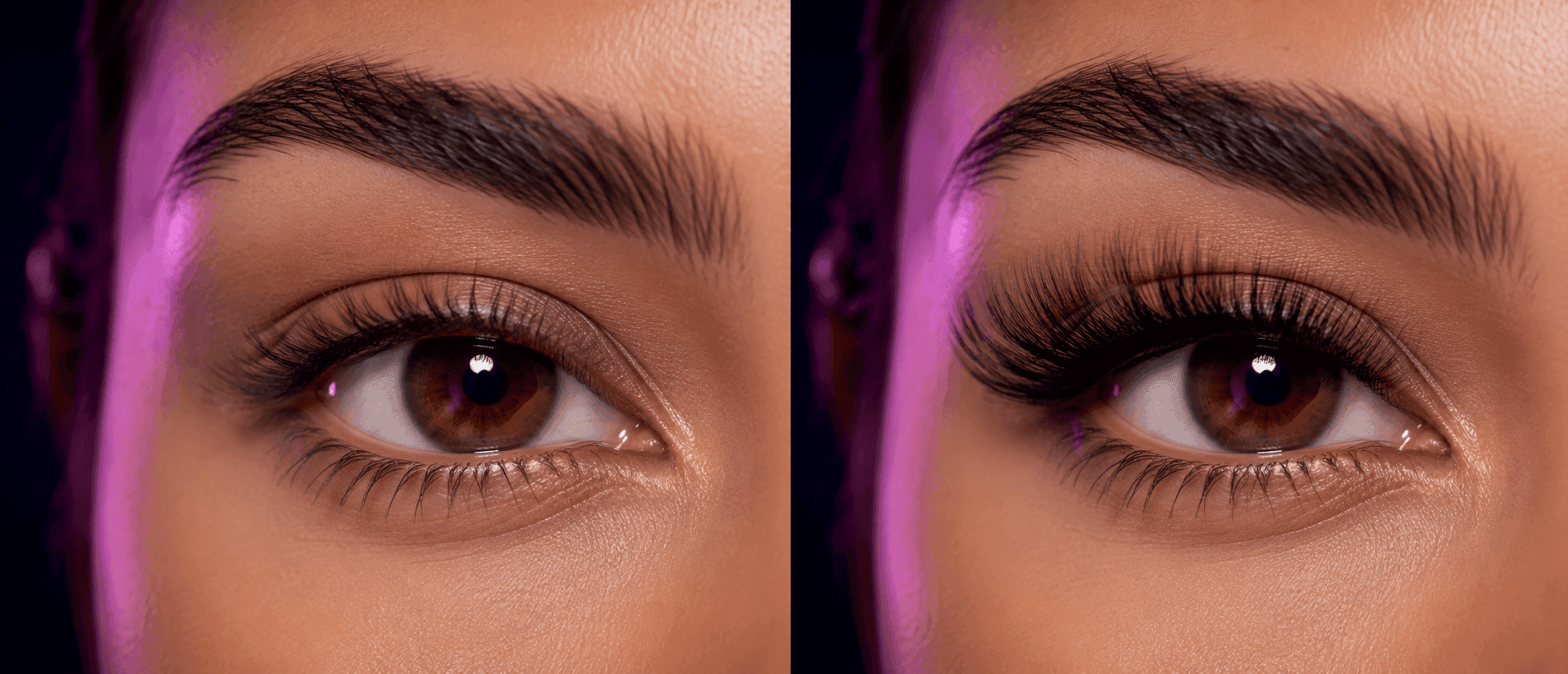 AI-generated before and after of a volume lash extension transformation