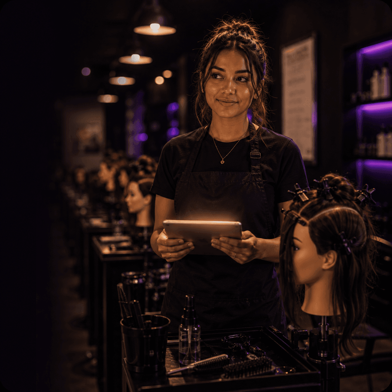 Beauty student at her practice station holding a tablet, looking up mid-study